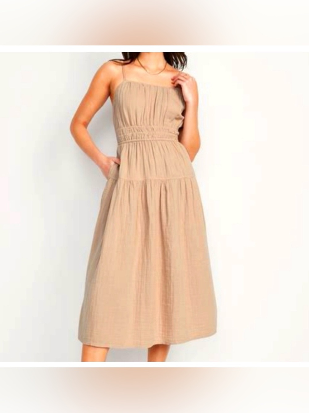 Old Navy Tan Smocked Cotton Spaghetti Strap Midi/Maxi Dress Size XXL Tall